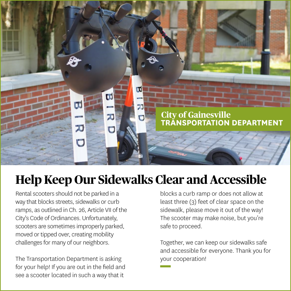 ebike and escooter sidewalk clear and accessible social media graphic - 1200X1200