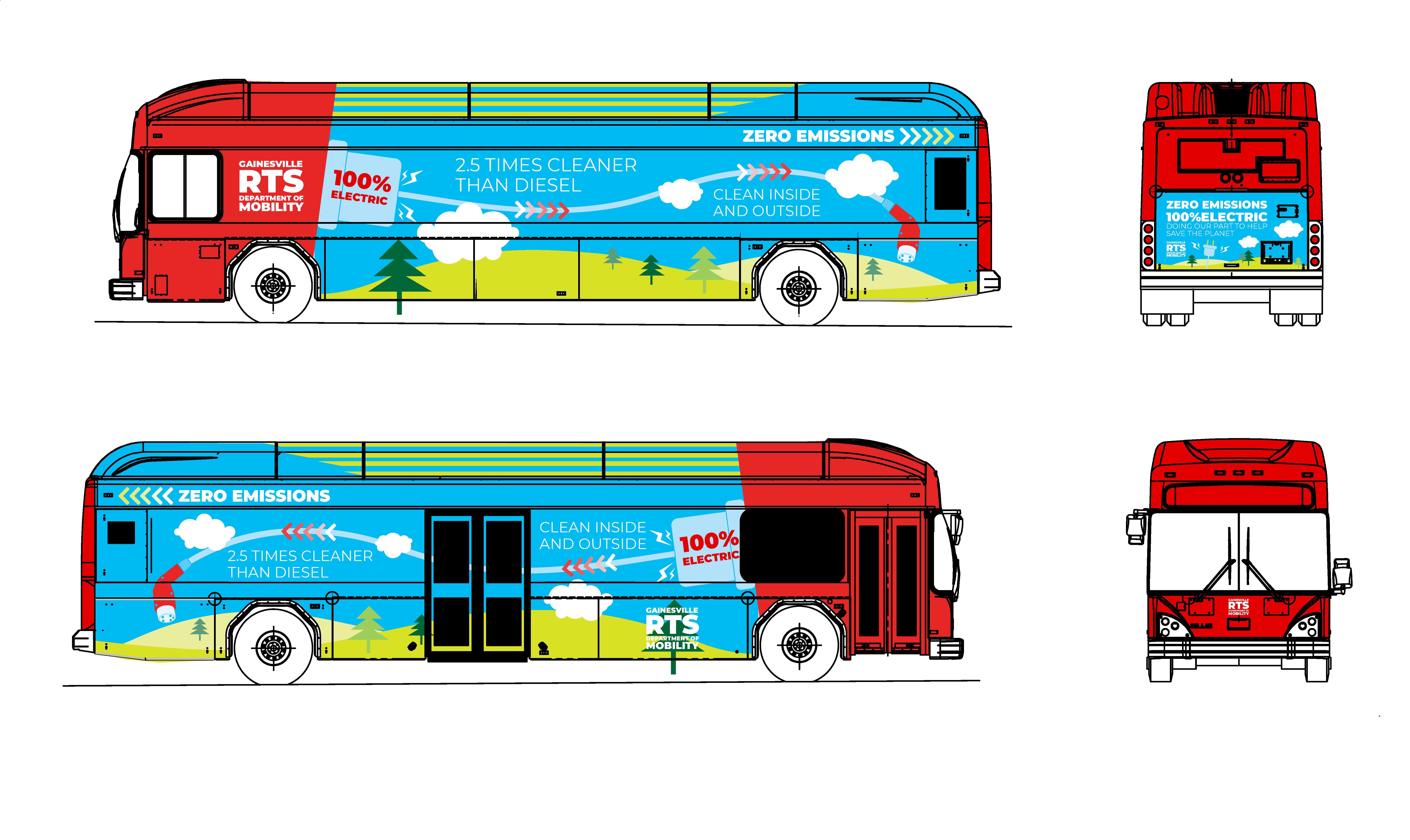 Colorful public transit ebus focused on the benefits of electric buses