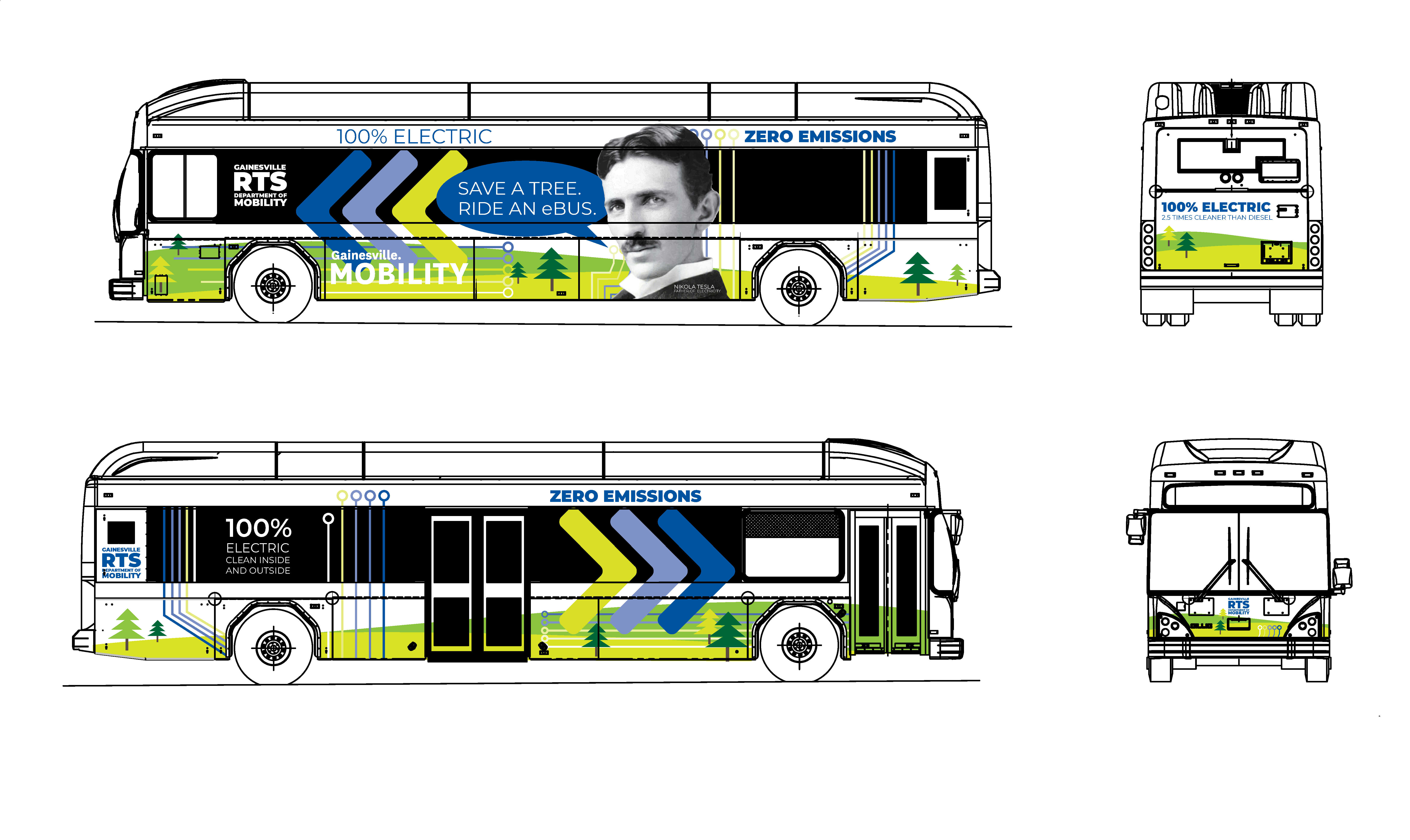 Colorful public transit ebus focused on Tesla and the benefits of electric buses