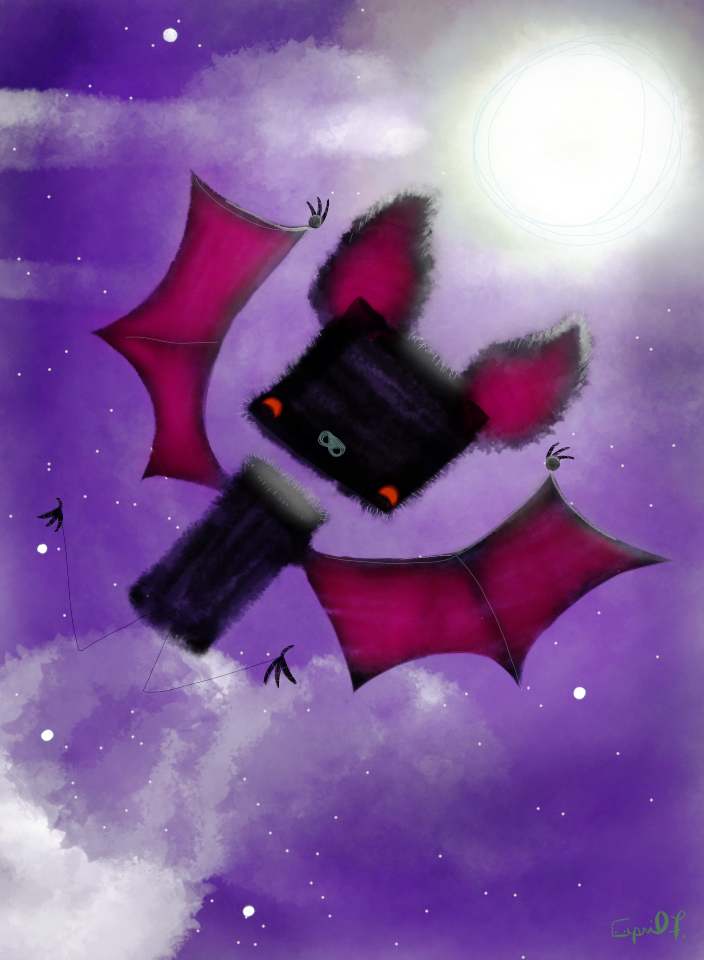 furry black bat flying in night sky