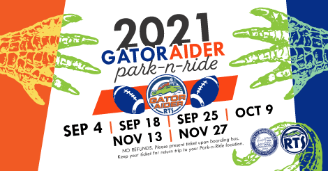 University of Florida gameday park-n-ride Gator Aider 2021 facebook graphic