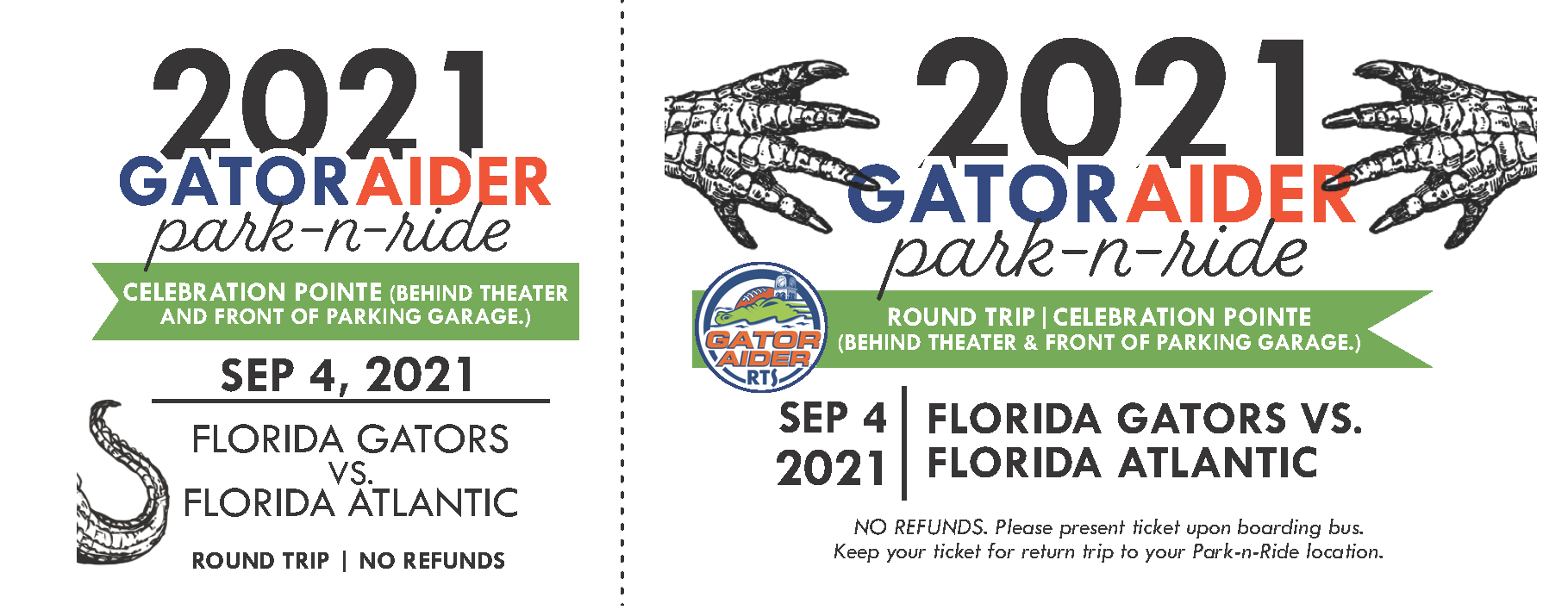 University of Florida gameday park-n-ride Gator Aider 2021 event tickets