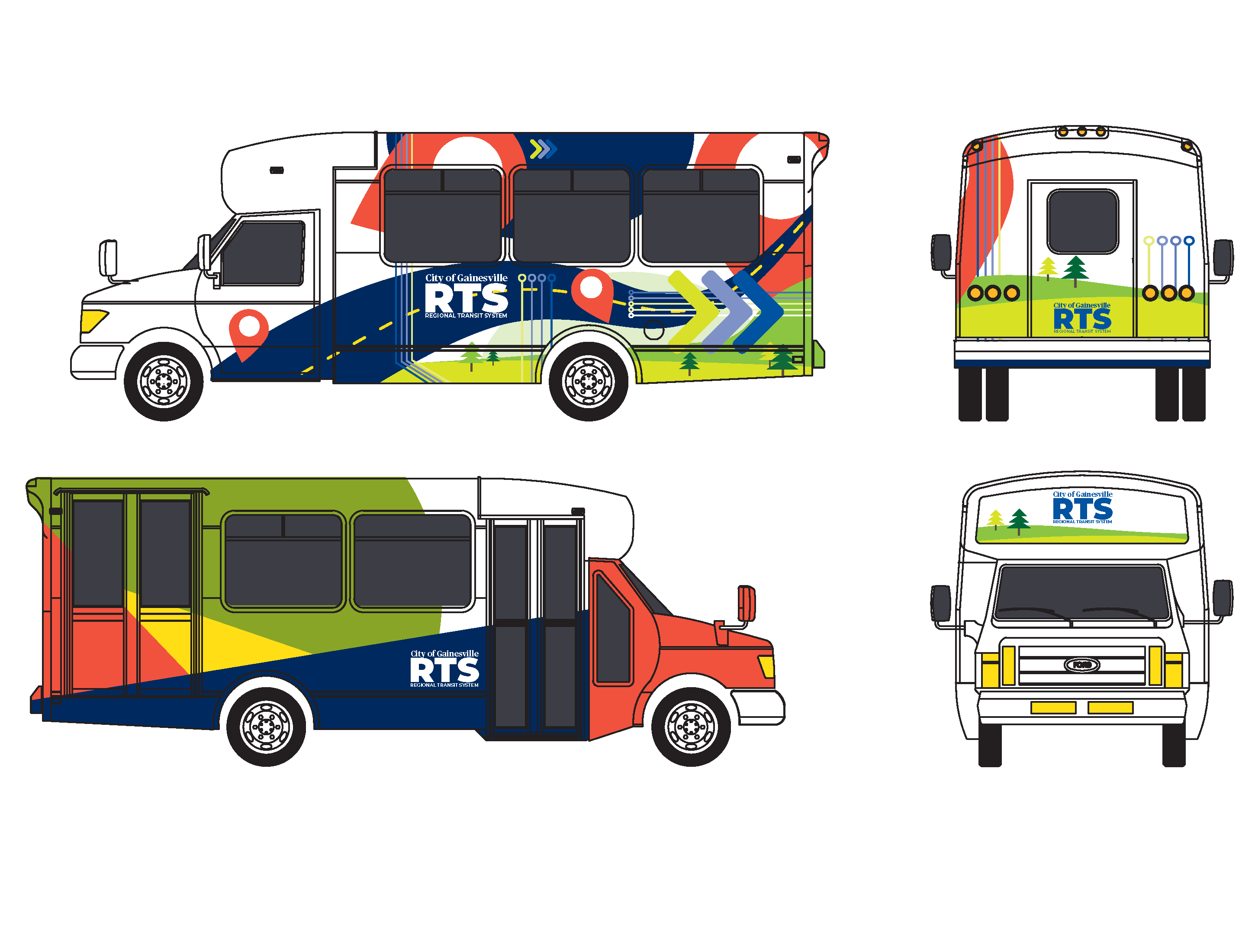 Blue, salmon, green Cutaway microtransit wrap design for RTS in Gainesville, Florida