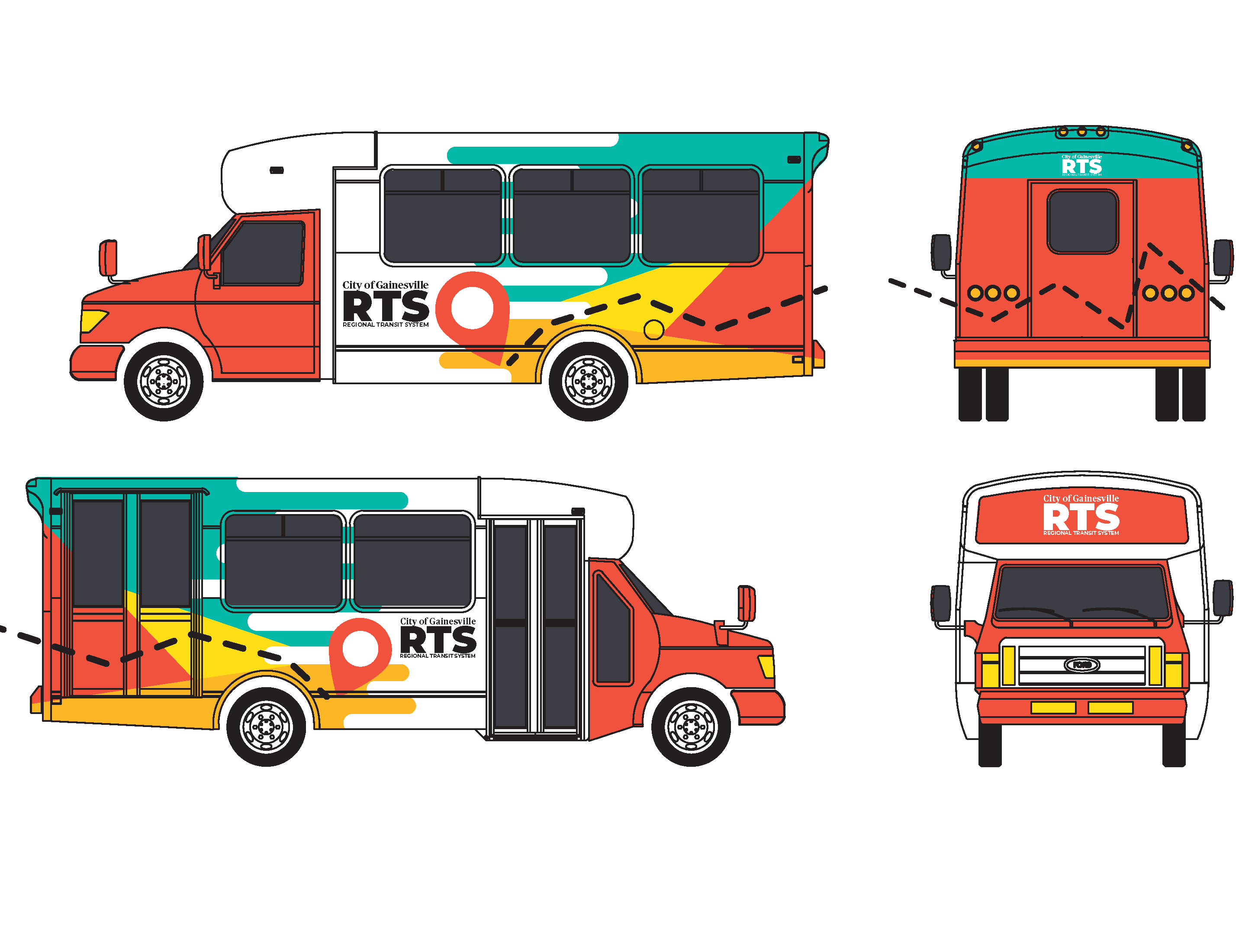 Teal, salmon, gold yellow Cutaway microtransit wrap design for RTS in Gainesville, Florida