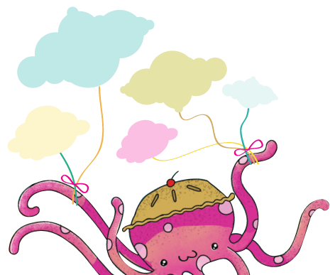 pink polka-dotted octopus with cloud balloons