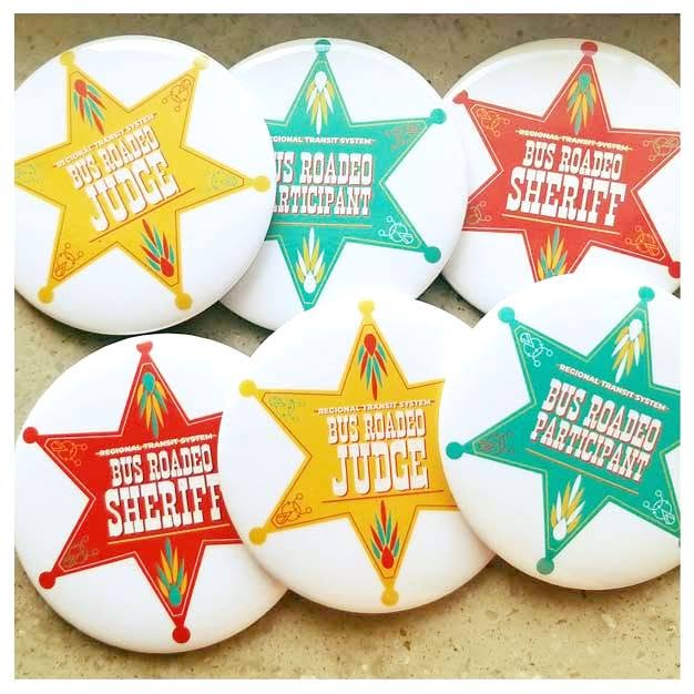 Bus rodeo attendee, judge, and participant pinback buttons