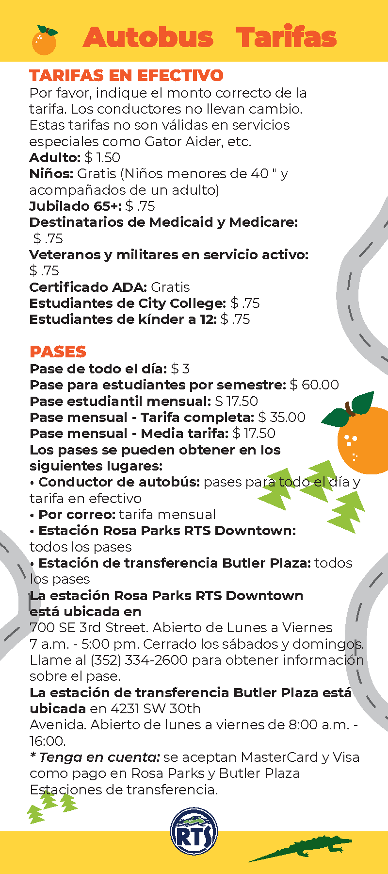 RTS Fares Reinstatement campaign rack card back - Spanish